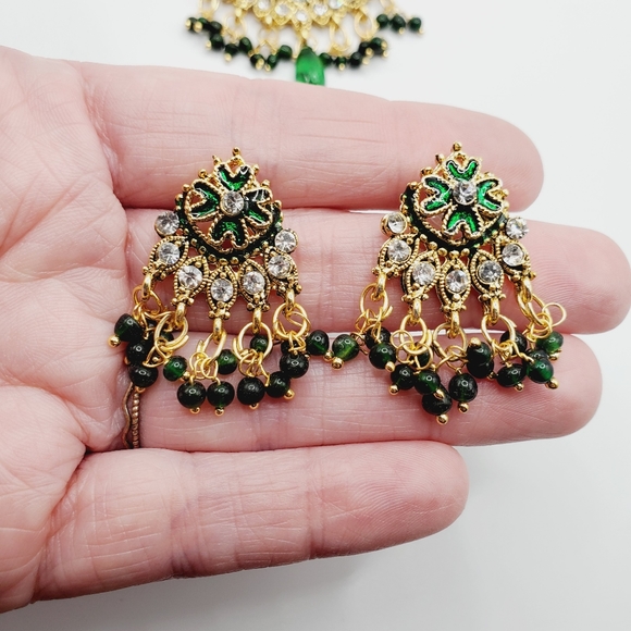 3 PC set Indian bohemian wedding kundan gold emerald jadau earrings necklace set - Picture 9 of 16
